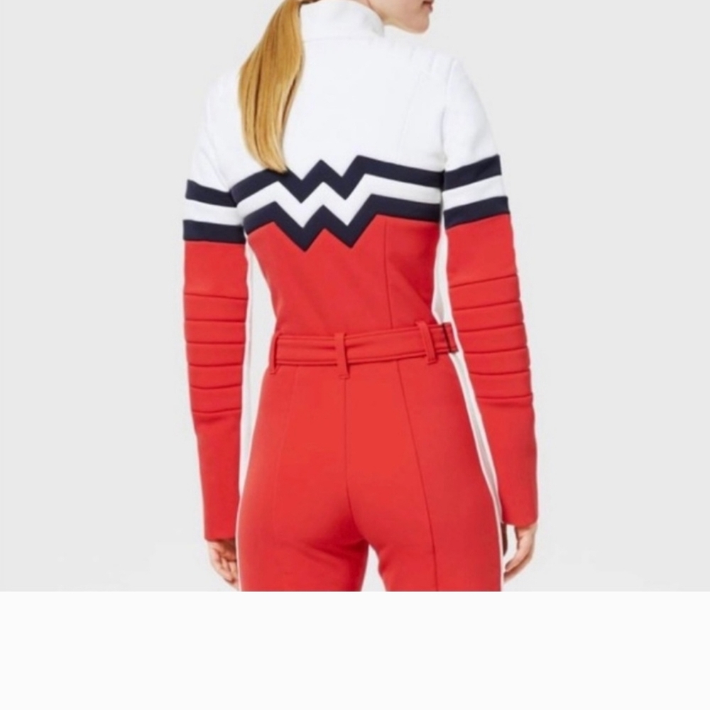 Red and White Jumpsuit with Chevron Design